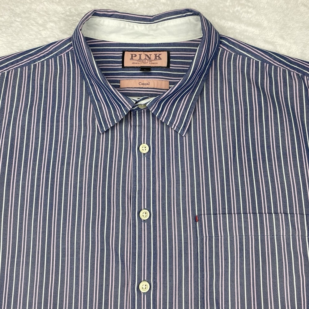 PINK Thomas Pink Casual Shirt Mens XL Blue w/Pink-White Stripes Contrasting Trim